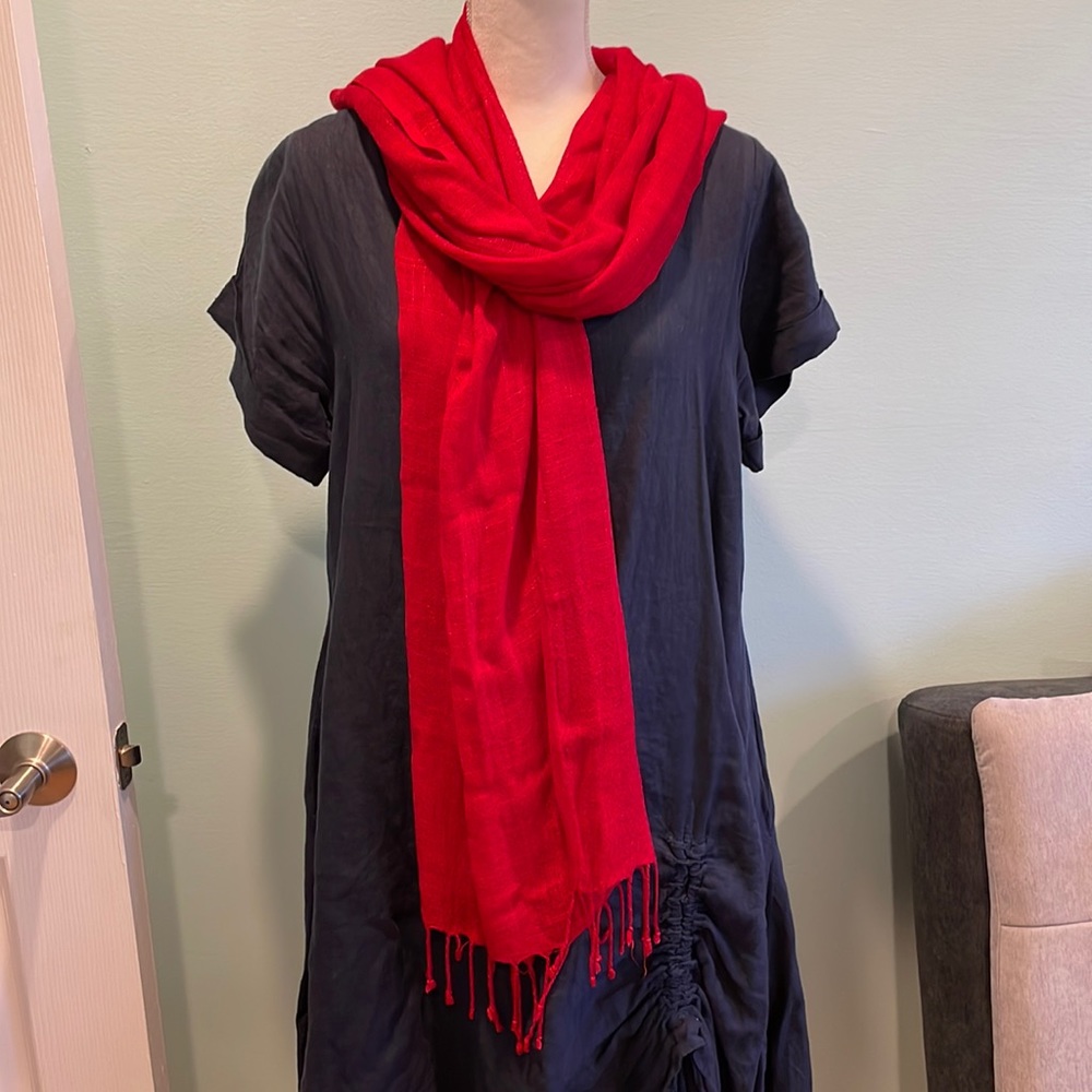 Red scarf with fringe mesh weave loose canvas knit